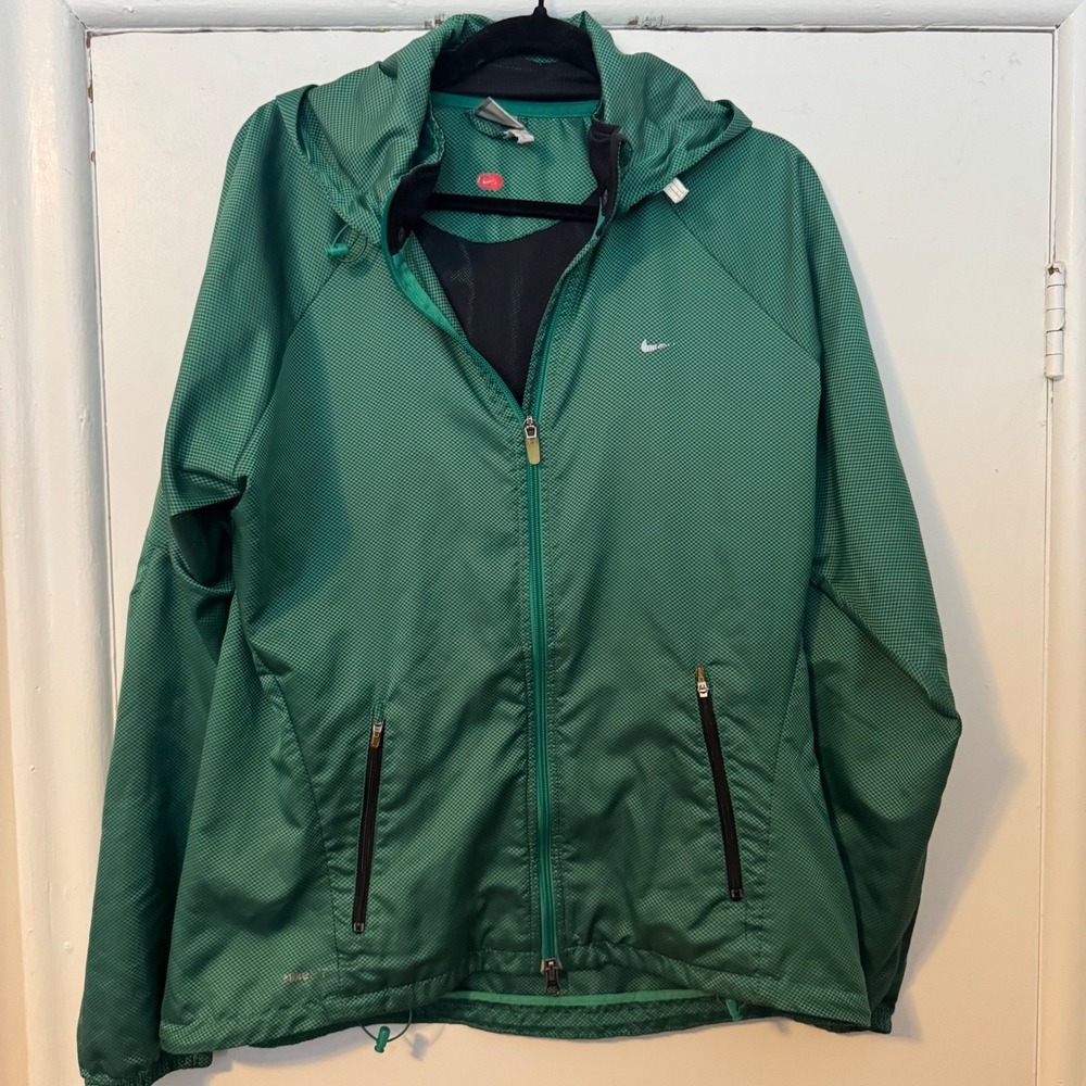 Nike FitStorm Womens Large Green Checkerboard Hooded Full Zip Windbreaker -READ